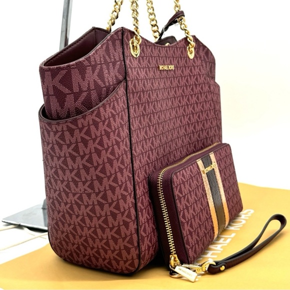 Michael Kors Large JST Chain Shoulder Bag & Large Continental Wallet Ox Blood - Picture 4 of 12